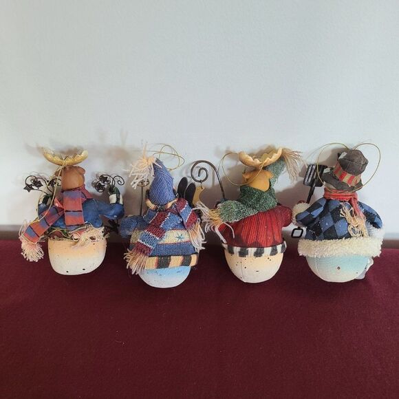 Vintage Fabric Mache Holiday Winter Christmas Ornaments Snowmen & Moose Set of 4 - Picture 8 of 16